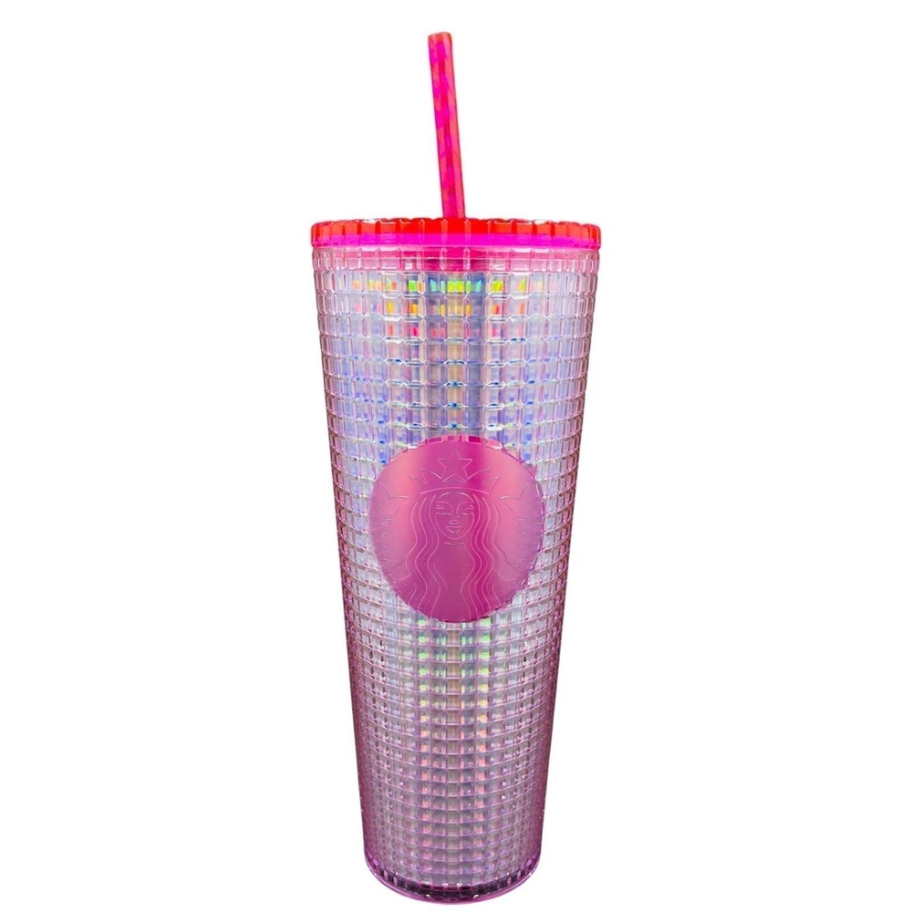 NWT Starbucks Iridescent Bubblegum Grid Venti Cold Cup - Pink Silver - 24 oz